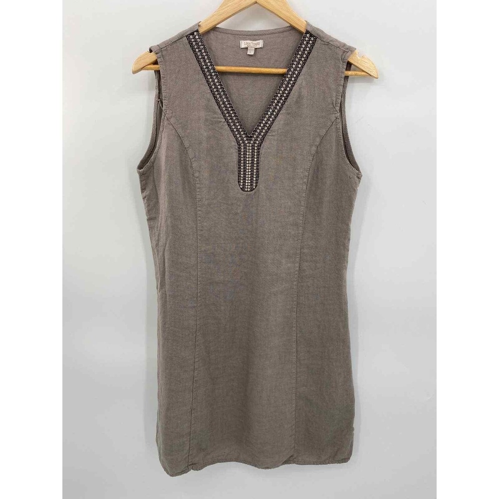 Lina Tomei Shift Dress Womens Large Gray Gemstone Collar Linen Ribbed Sides HOLE - Picture 3 of 9